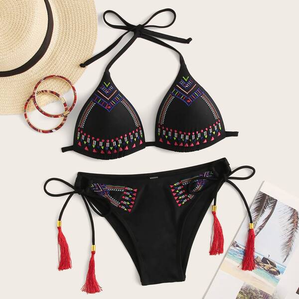 

Tribal Embroidery Triangle Tie Side Bikini Swimsuit, Black