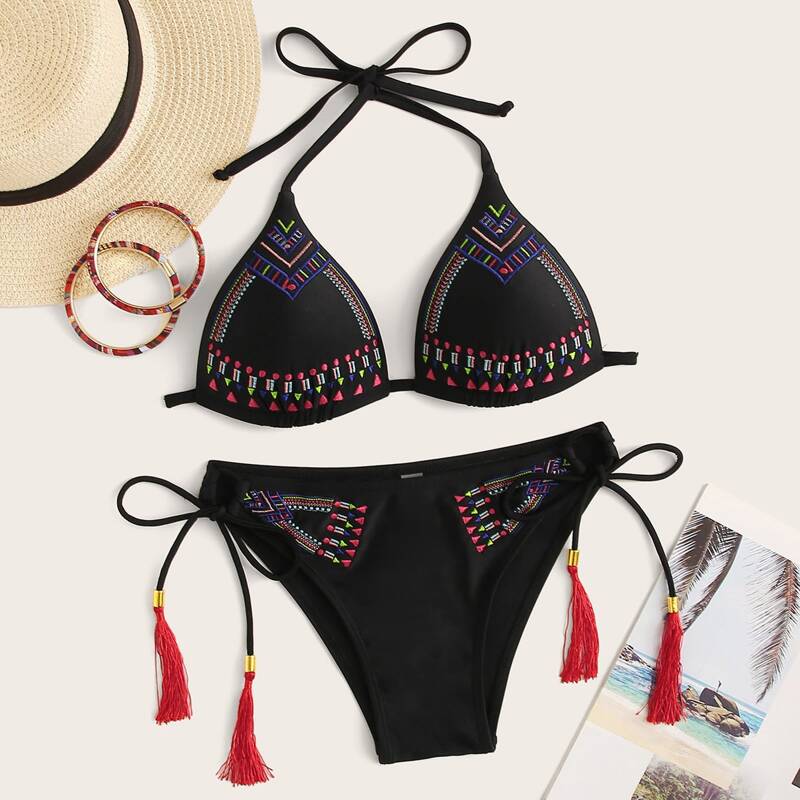 

Tribal Embroidery Triangle Top With Tie Side Bikini, Black
