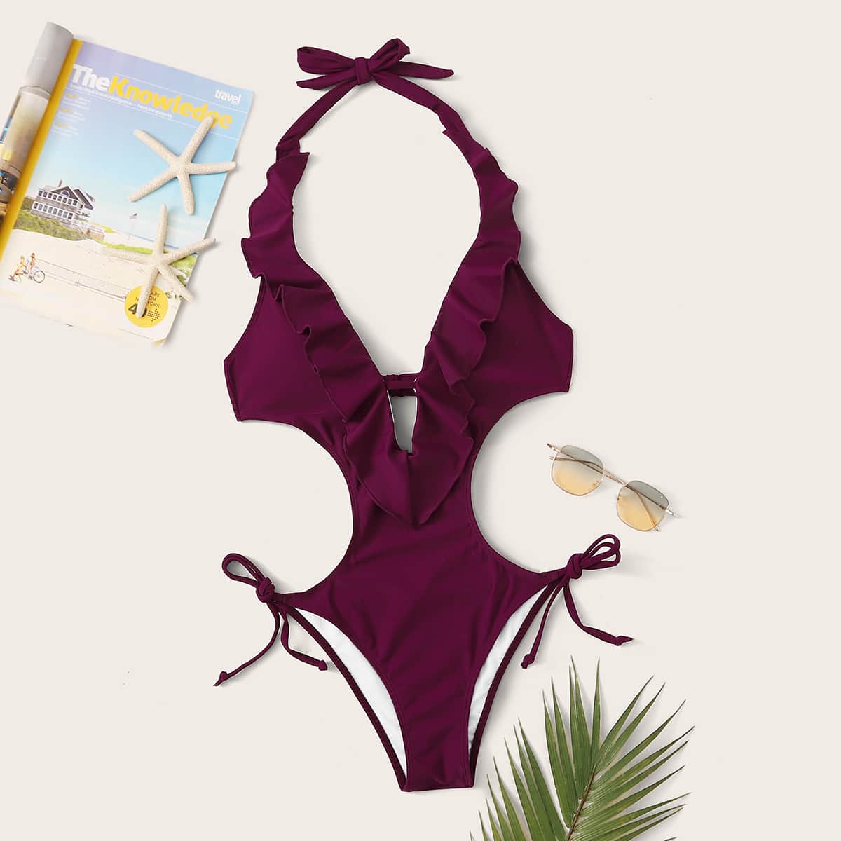 

Ruffle Trim Tie Side One Piece Swimsuit, Burgundy
