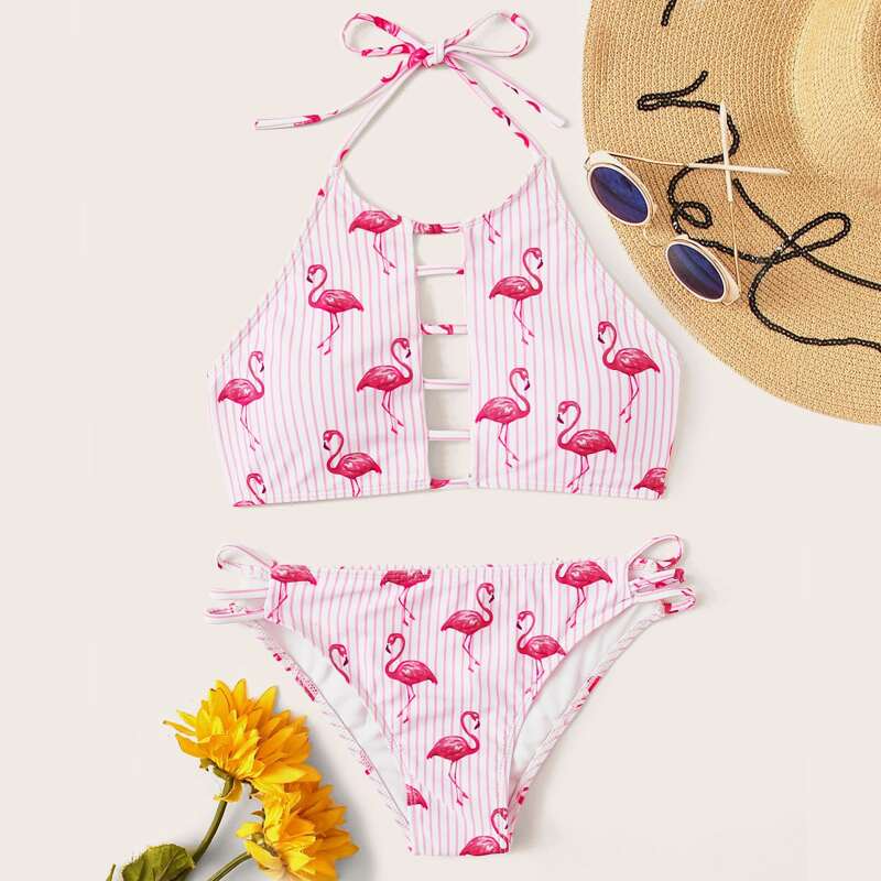 

Striped Flamingo Print Ladder Cutout Bikini Set, Multicolor