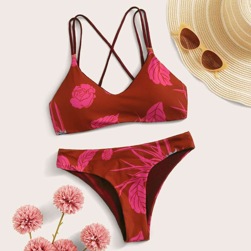 

Floral Print Criss Cross Bikini Set, Multicolor