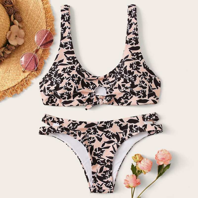 

Allover Print Knot Top With Low Rise Bikini Set, Multicolor