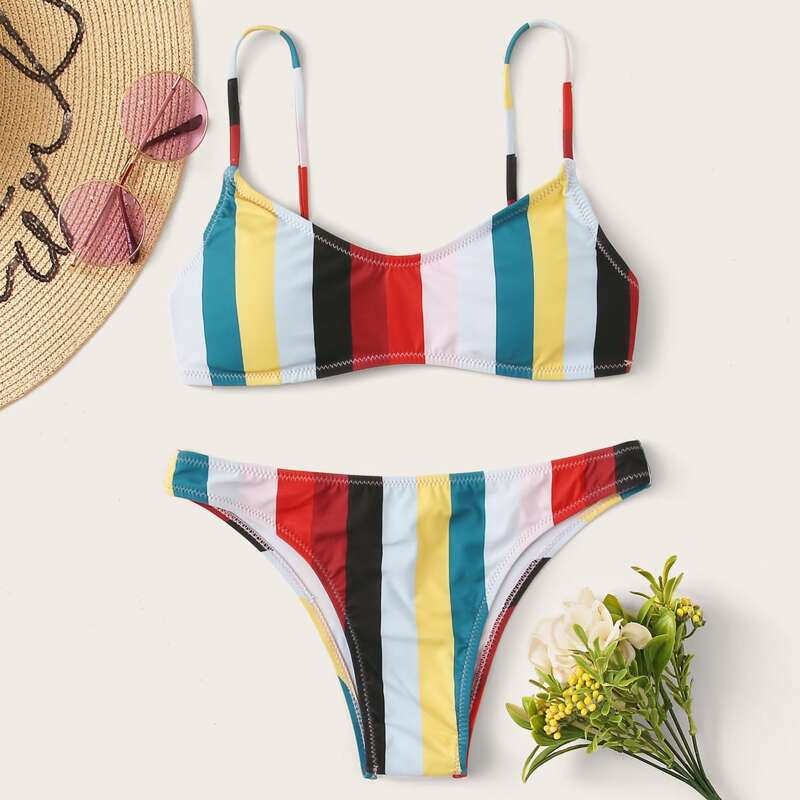 

Striped Hipster Bikini Swimsuit, Multicolor