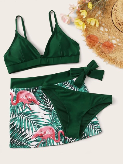3pcs Flamingo Print Triangle Co-ord Bikini Set