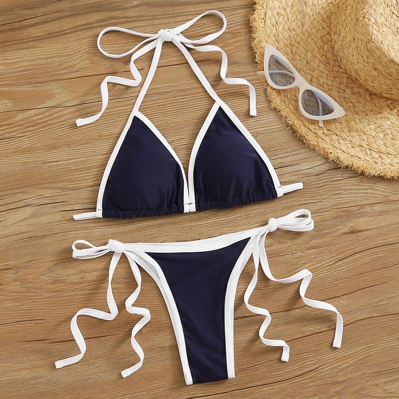 

Contrast Binding Knot Triangle Bikini Swimsuit, Navy