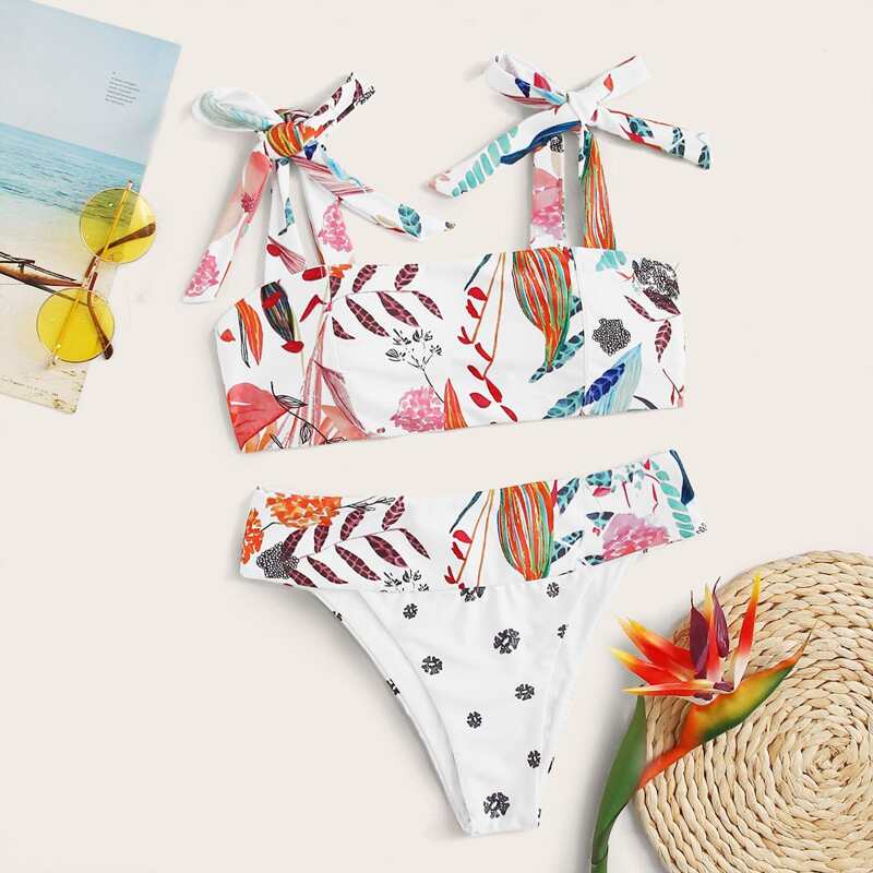 

Floral Random Print Tie Side High Cut Bikini Swimsuit, White
