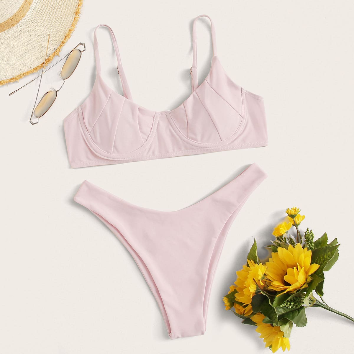 

Ruched Underwire Top With High Cut Bikini, Pink