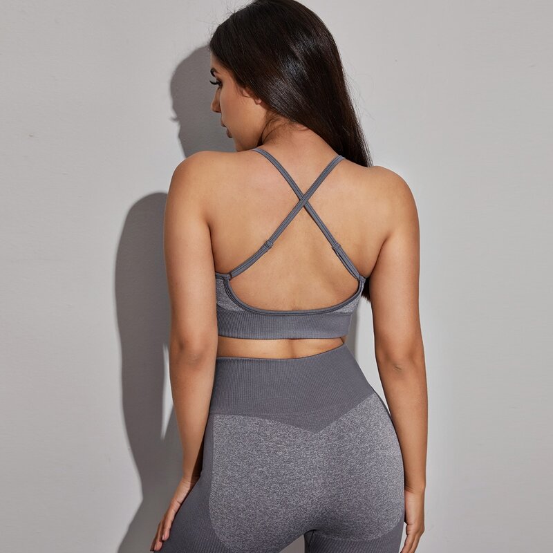 

Contrast Panel Criss Cross Back Sports Bra, Grey