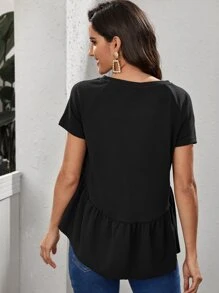 SHEIN Solid Raglan Sleeve Ruffle Hem Top - Black - View 2