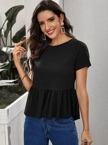 SHEIN Solid Raglan Sleeve Ruffle Hem Top - Black - View 4