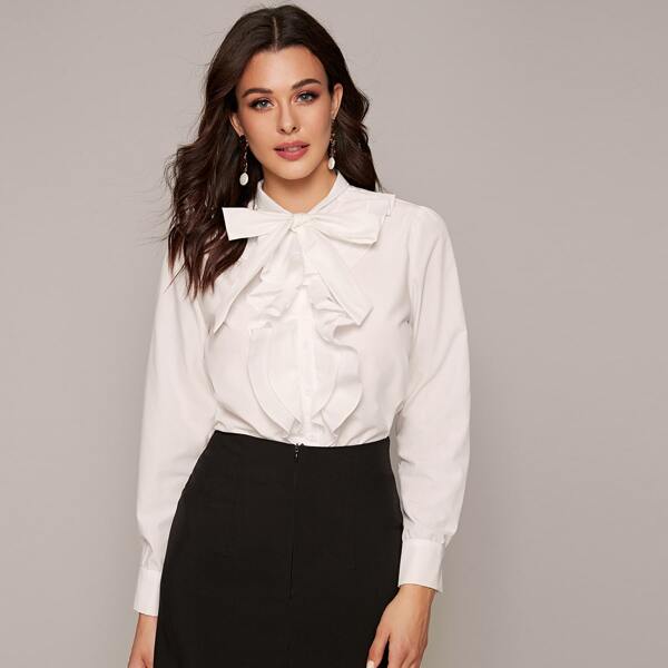 

Tie Neck Ruffle Trim Blouse, White