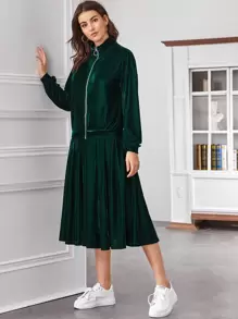 SHEIN 拉鏈天鵝絨運動衫和半身裙套裝 - 綠色 - 查看 1