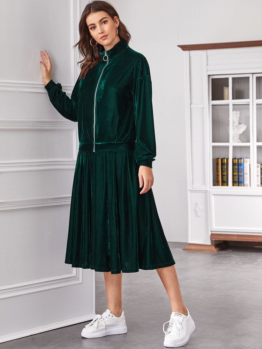 SHEIN 拉鏈天鵝絨運動衫和半身裙套裝 - 綠色 - 查看 1