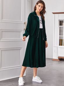 SHEIN 拉鏈天鵝絨運動衫和半身裙套裝 - 綠色 - 查看 3