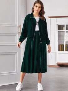 SHEIN 拉鏈天鵝絨運動衫和半身裙套裝 - 綠色 - 查看 4