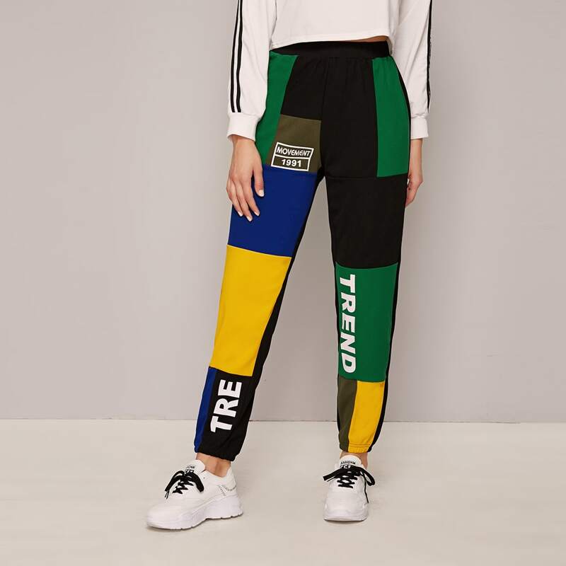 

Elastic Waist Letter Graphic Colorblock Carrot Pants, Multicolor