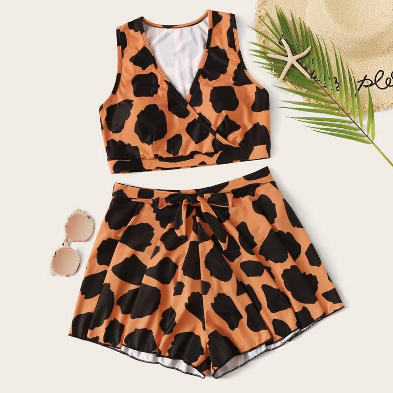 

Graphic Random Print Top With Tie Front Shorts Bikini, Multicolor