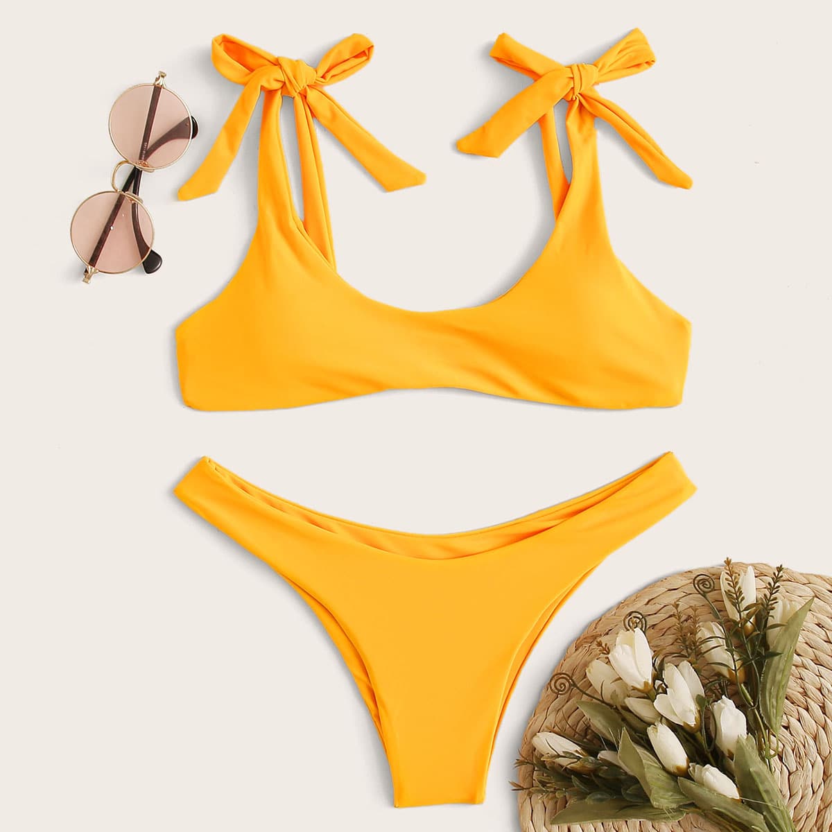 

Shoulder Knot Top With High Cut Bikini Set, Yellow