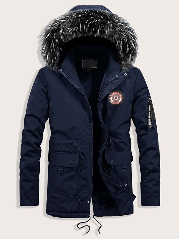 

Men Letter Patched Drawstring Hooded Parka Coat, Navy