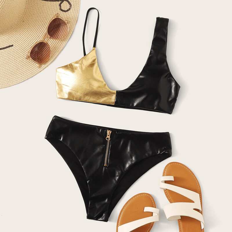 

Metallic Zipper Front High Cut Bikini Set, Black