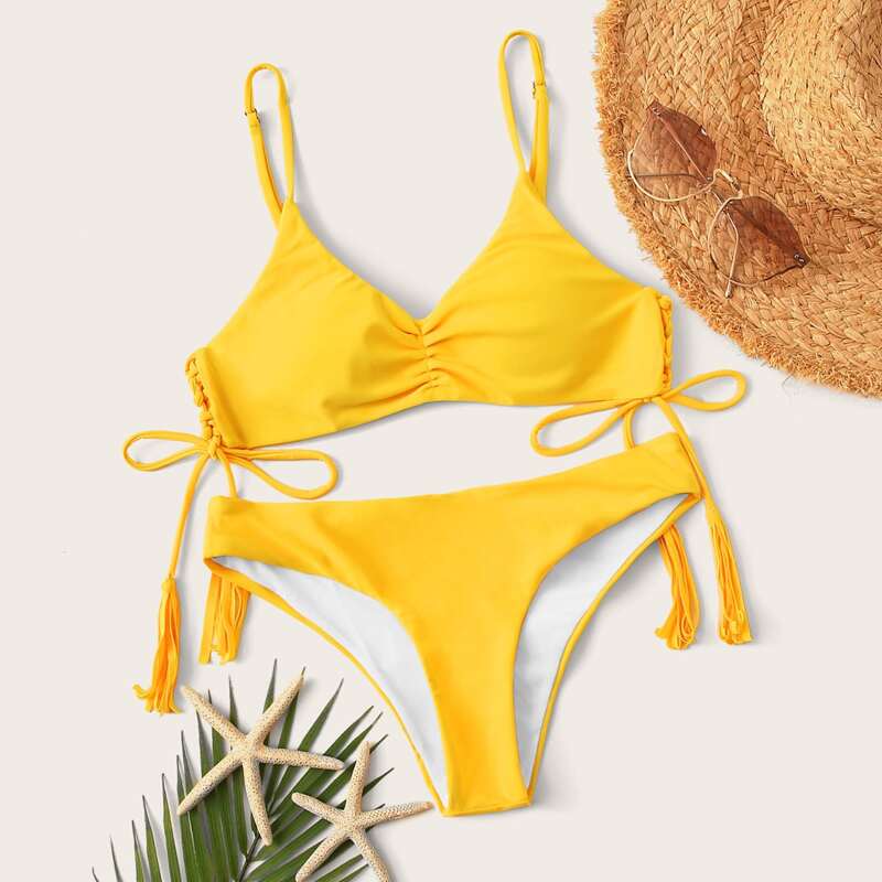 

Tassel Tie Side Top With Low Rise Bikini, Yellow