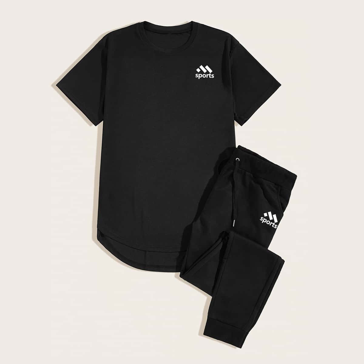 

Guys Letter Graphic High Low Tee & Sweatpants, Black