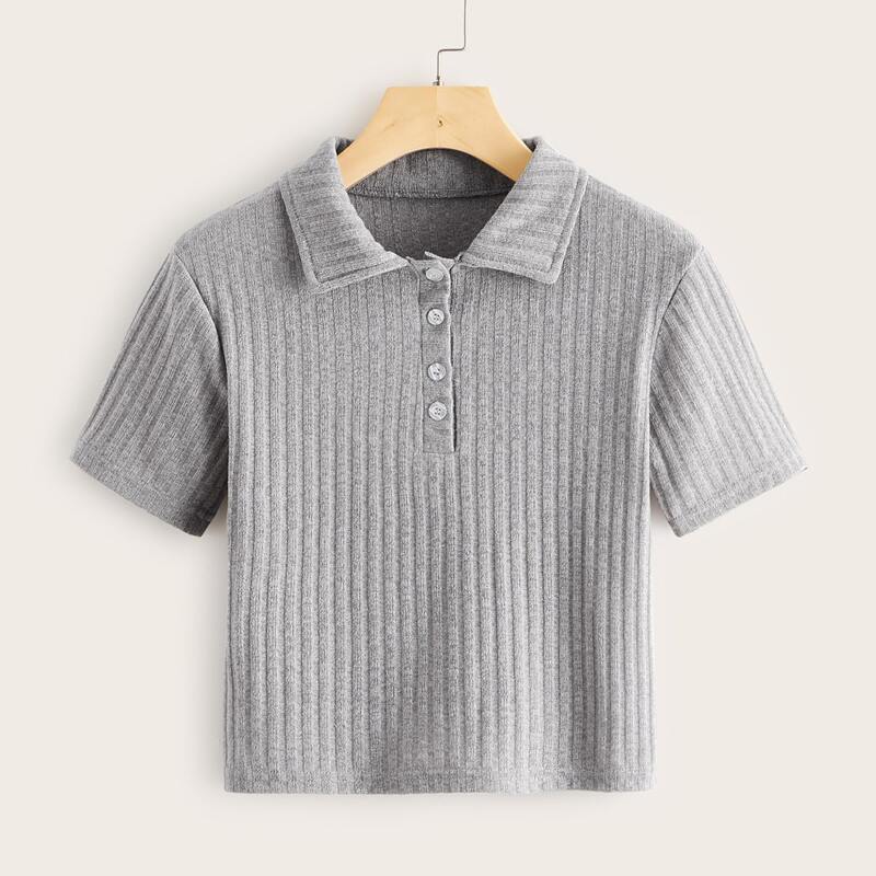 

Solid Rib-knit Polo Tee, Grey