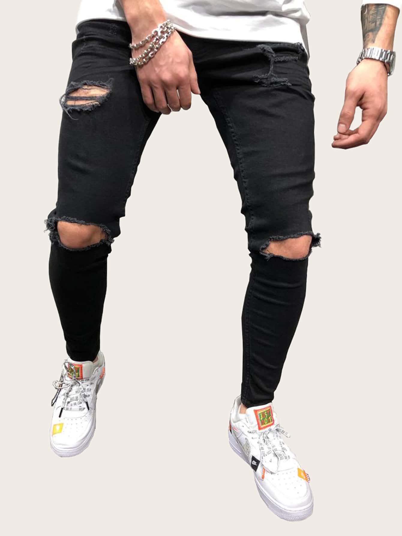 Manfinity Jeans de hombres ajustados rotos - Negro - Ver 1