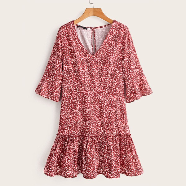 

Plants Print Ruffle Hem Babydoll Dress, Red