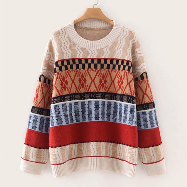 

Color-block Geo Pattern Drop Shoulder Sweater, Multicolor