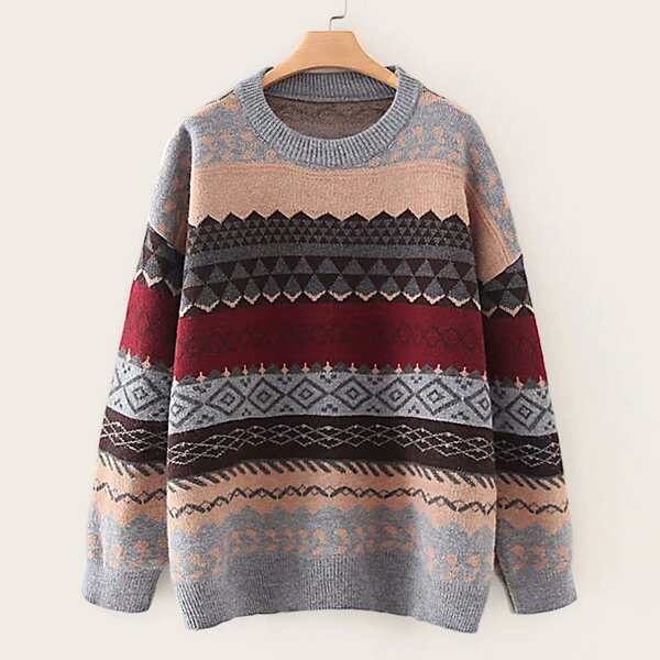 

Geo Pattern Drop Shoulder Sweater, Multicolor