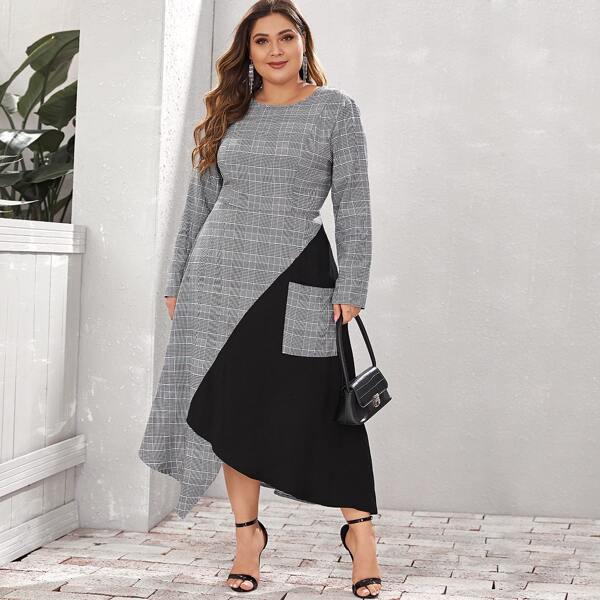 

Plus Color Block Asymmetrical Hem Plaid A-line Dress, Grey