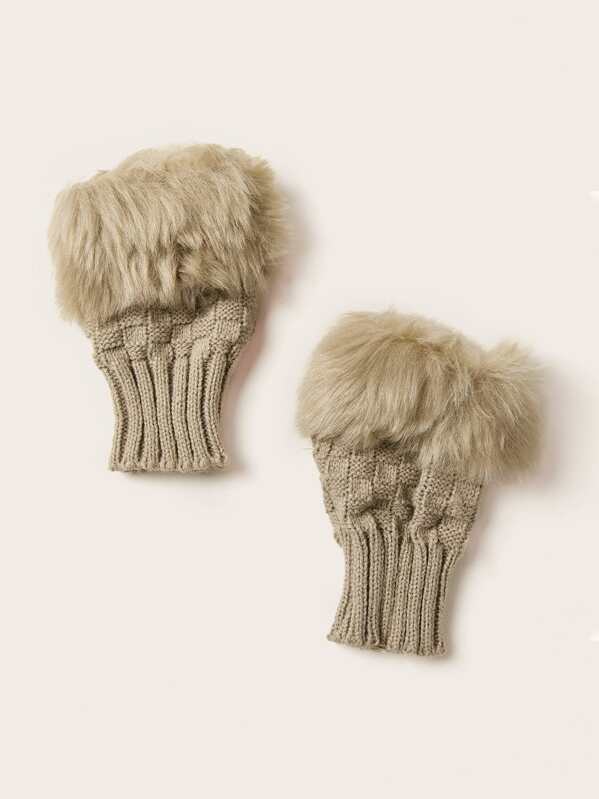 

Fluffy Trim Knitted Gloves, Khaki