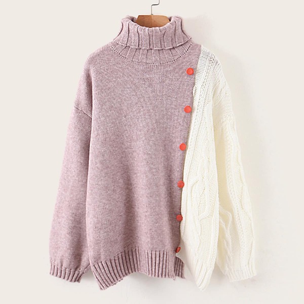 

Turtleneck Button Front Spliced Oversized Sweater, Multicolor