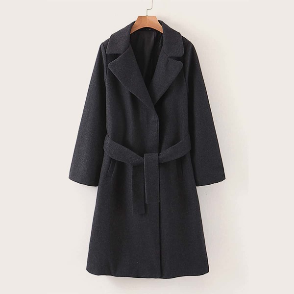 

Lapel Collar Self Tie Overcoat, Black