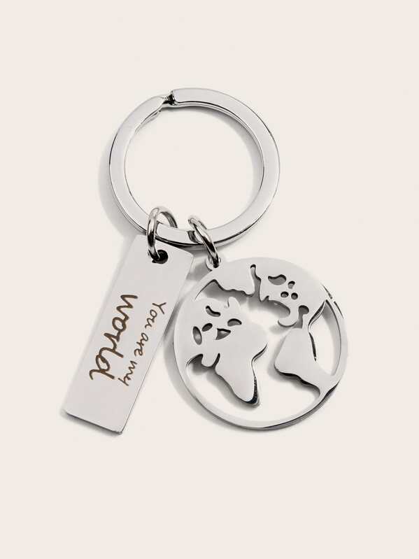 

Hollow Out Earth Map Decor Keychain, Silver