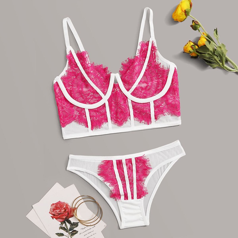 

Eyelash Lace Contrast Binding Lingerie Set, Multicolor