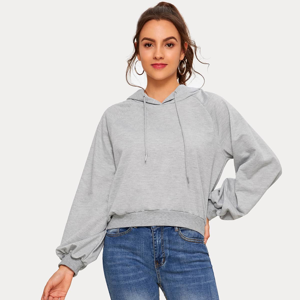 

Solid Raglan Sleeve Drawstring Hoodie, Grey