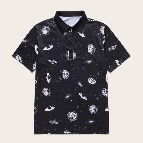 

Men Random Galaxy Print Polo Shirt, Black