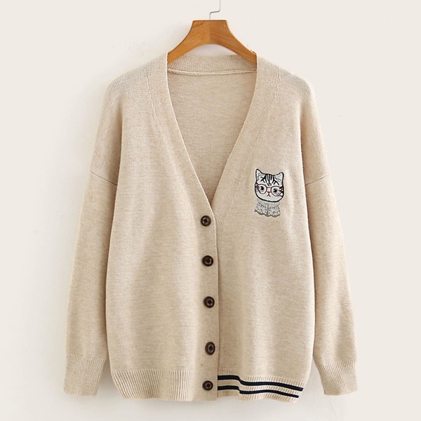 

Cat Embroidery Button Front Cardigan, Beige