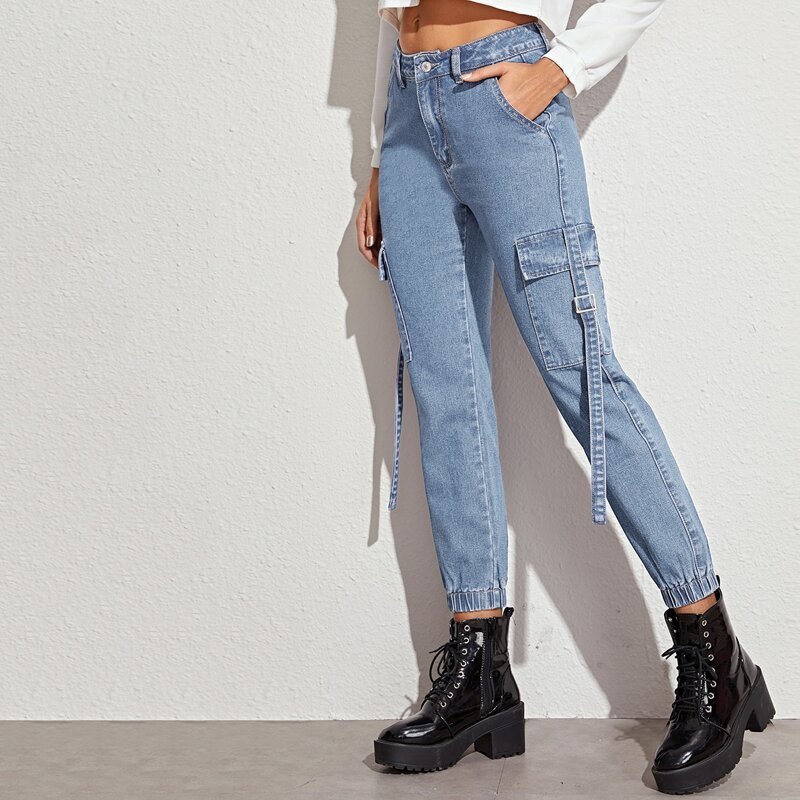 

Buckle Strap Flap Pocket Cargo Jeans, Blue