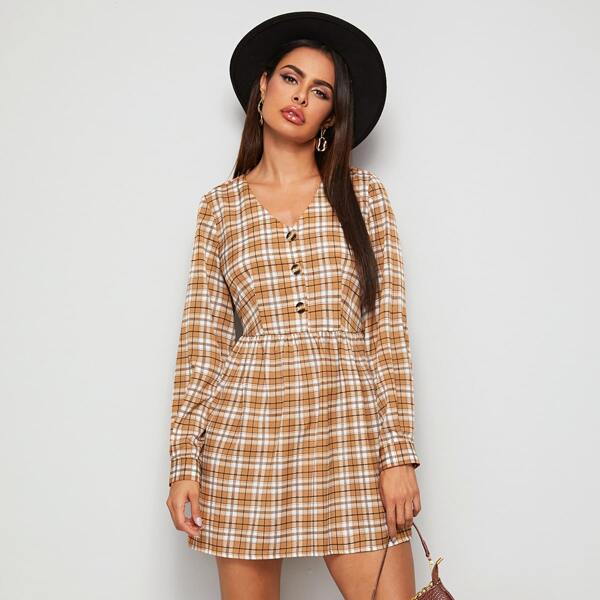 

Plaid Print Button Front Dress, Multicolor