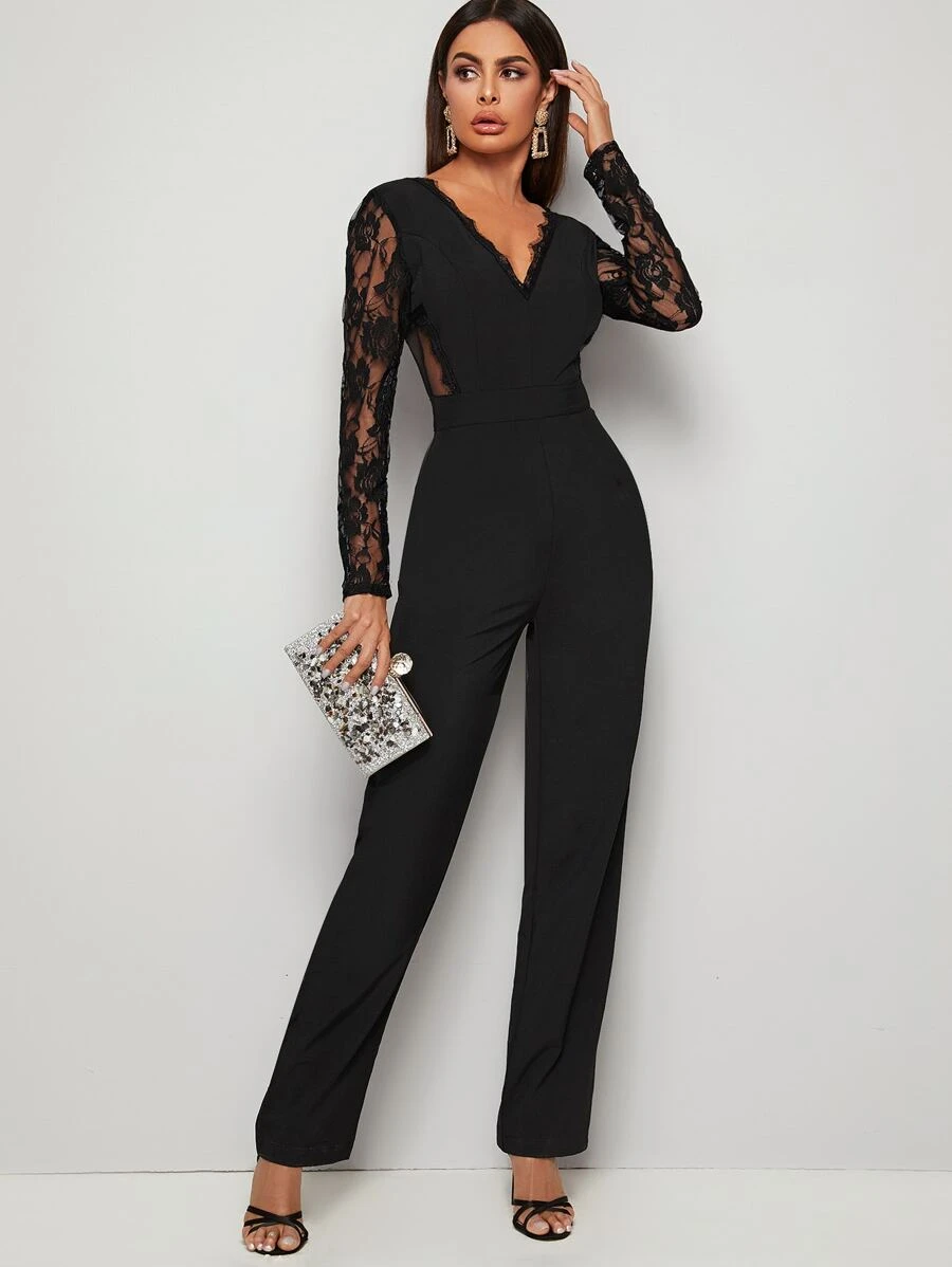 Jumpsuit en contraste floral de malla de espalda V - Negro - Ver 1