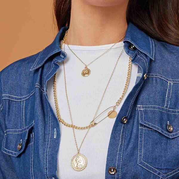 

3pcs Disc & Coin Charm Necklace, Gold