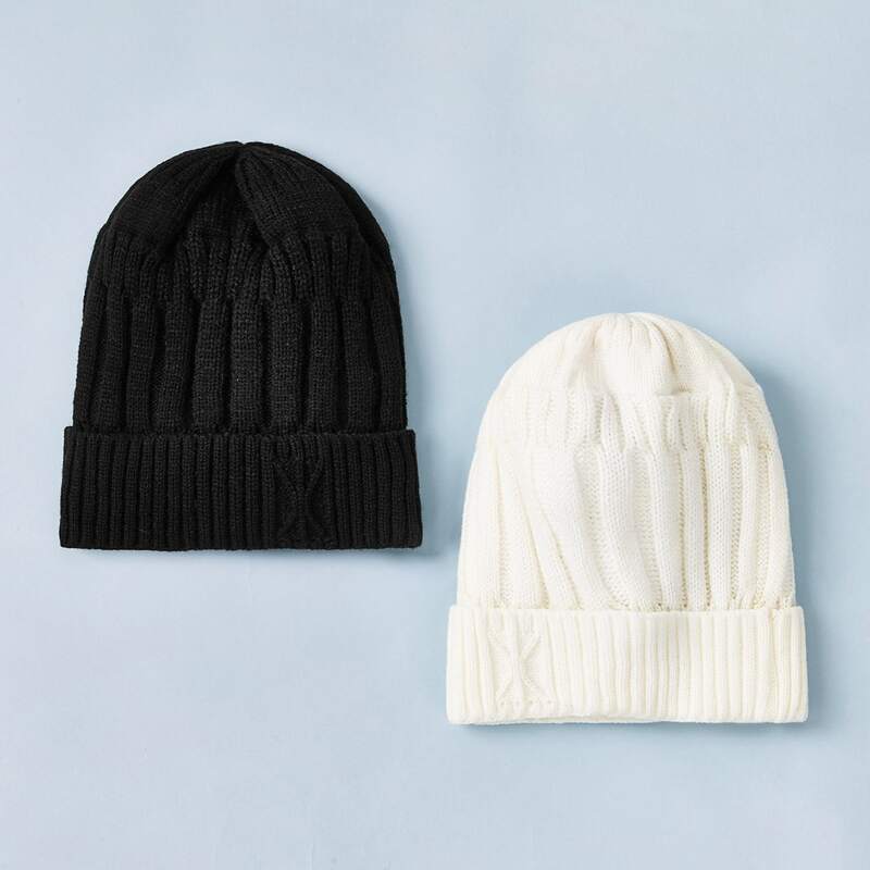 

2pcs Solid Knitted Beanie, Black and white