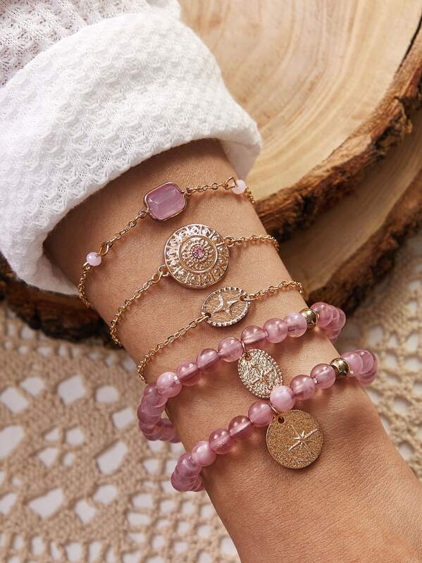 

5pcs Coin Decor Beaded & Chain Bracelet Set, Multicolor