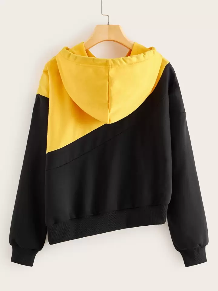 Asymmetrical drawstring color block hoodie clearance