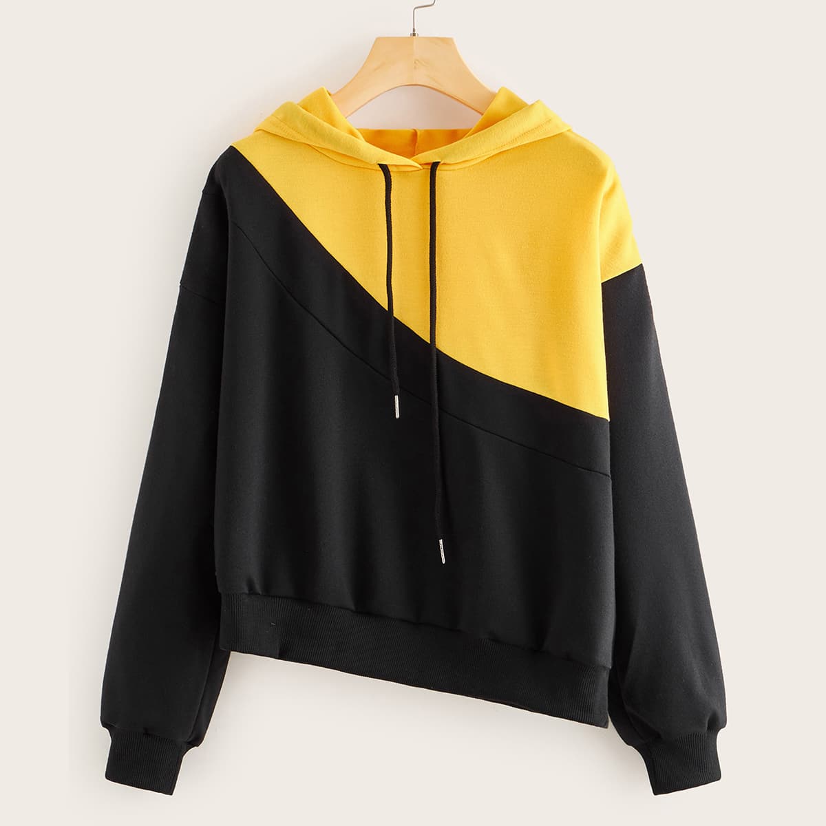 

Color-block Asymmetrical Hem Drawstring Hoodie, Black