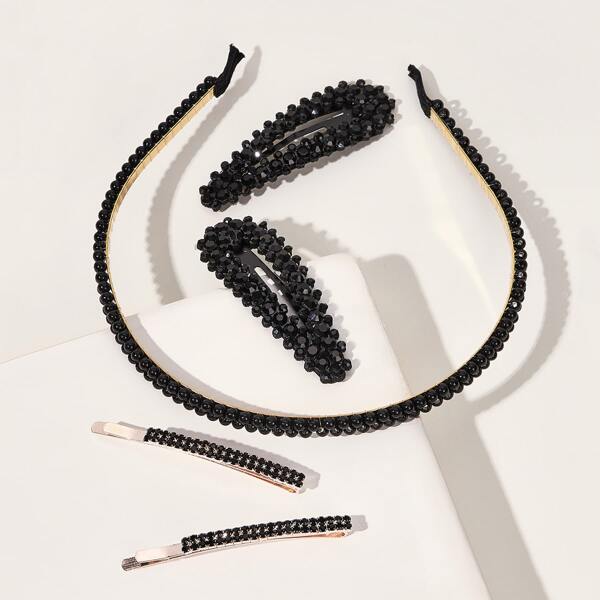

5pcs Rhinestone Decor Hair Hoop & Hair Clip, Black