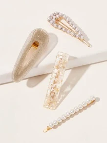 4 piezas Clip de cabello elegante con decoración de diamantes de imitación y perlas falsas - Multicolor - Ver 2